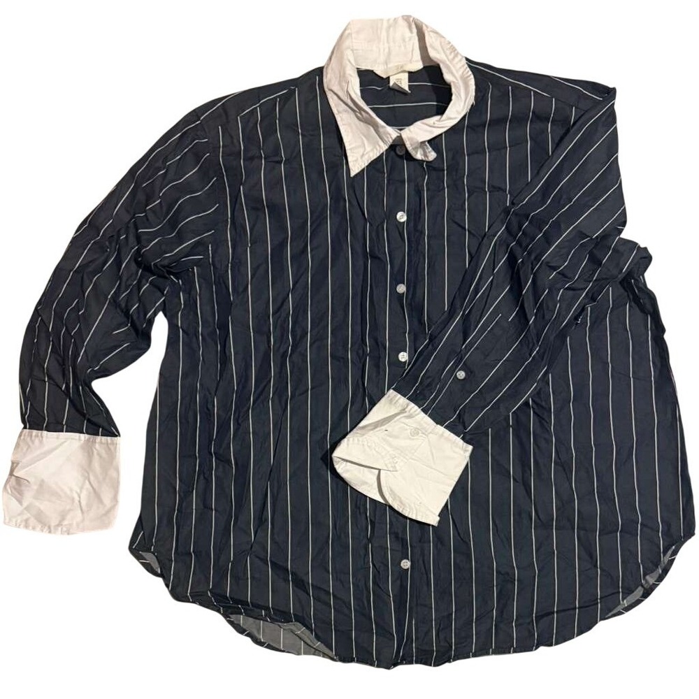 HM Womens XL Navy Blue White Striped Button Down Shirt Contrast Collar Cuffs
